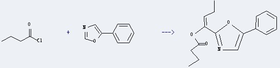 The Oxazole, 5-phenyl- could react with butyryl chloride, and obtain the 1-(5'-phenyloxazol-2'-yl)-1-buten-1-yl butenoate